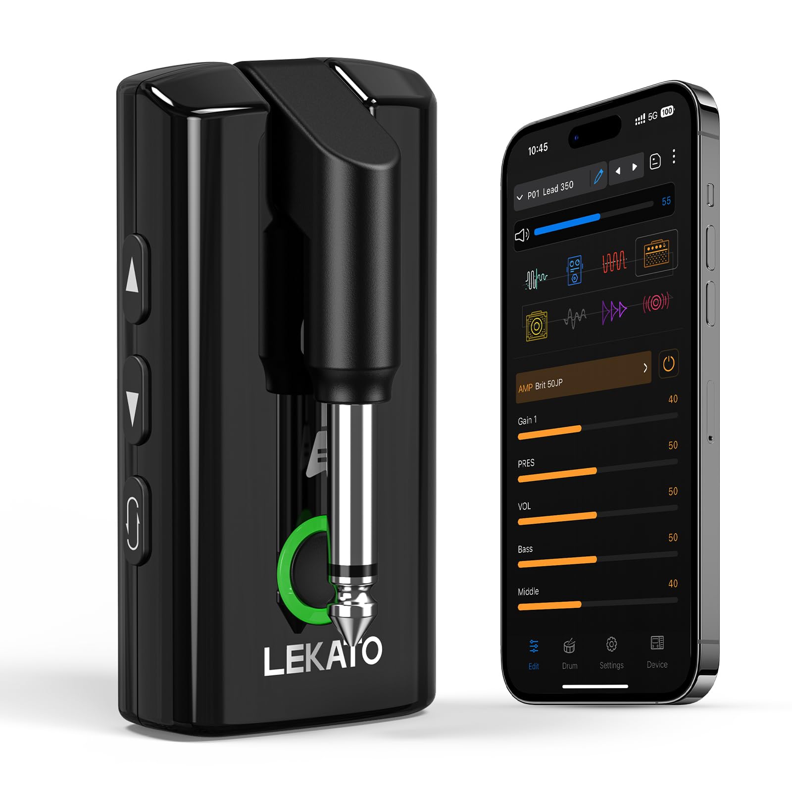 LEKATO Mini-Gitarren-Kopfhörerverstärker mit App, PA-5 | Multieffekte: 8 Module, 18 Verstärker, 20 IRs & IR-Ladefunktion. Drum-Machine, OTG-Aufnahme, Bluetooth-Streaming.