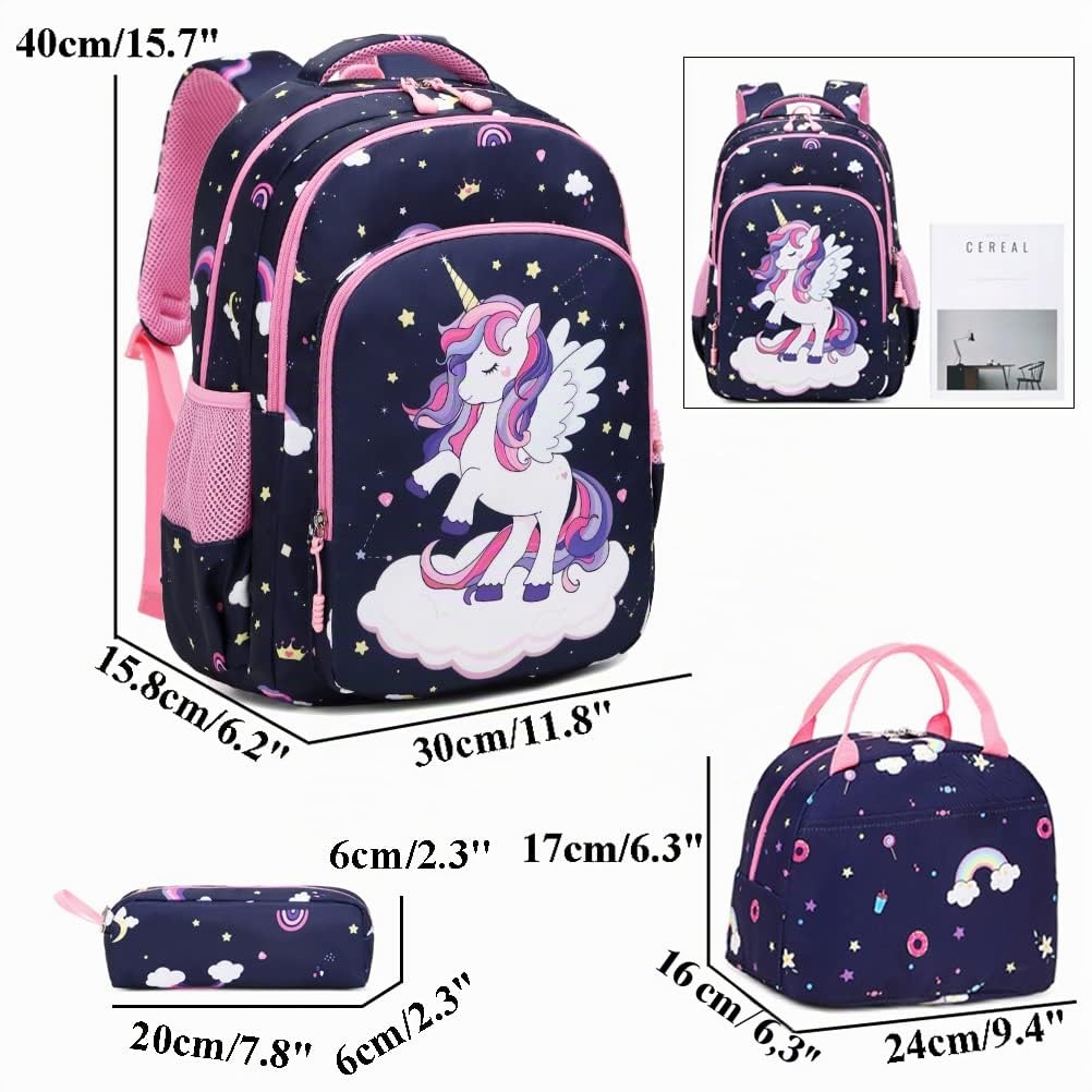 Kimwadalh Mochila Escolar para Niñas Mochila Unicornio Mochila Primaria Niña Set de Mochila Escolares,Mochila Infantil Niña + Bolsa de almuerzo + Estuche
