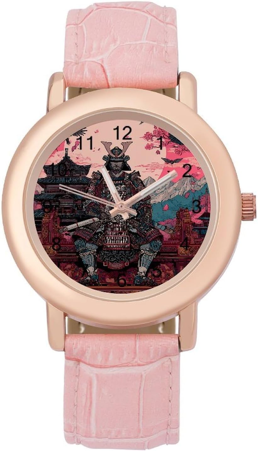Japanese Samurai with Sword Armor Casual Women's Watch Slim Analog Display Quartz Wrist Watches with Leather Strap