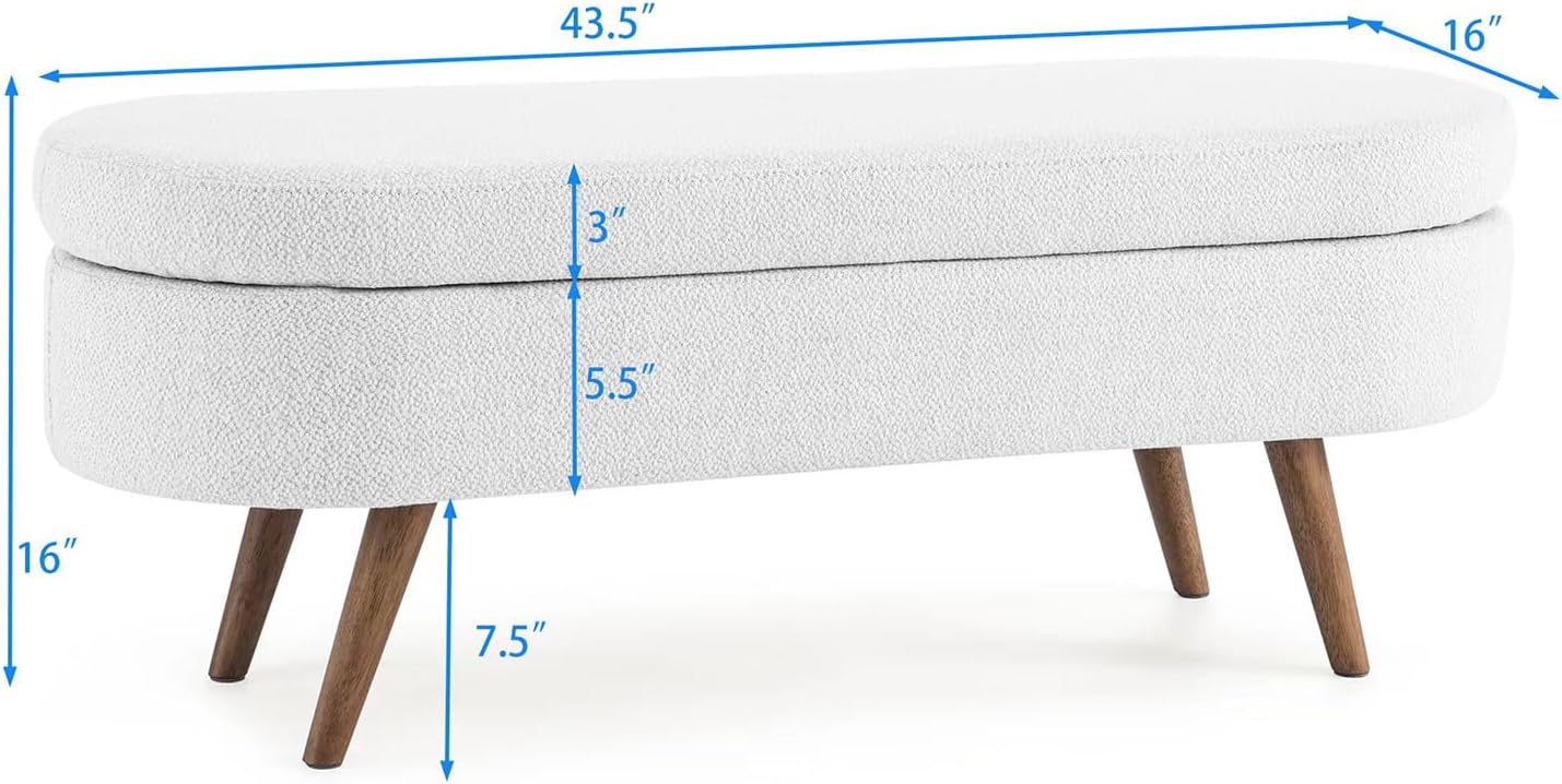 Oval Ottoman Storage Bench, Rubber Wood Legs, White Linen(43.5"x16"x16")
