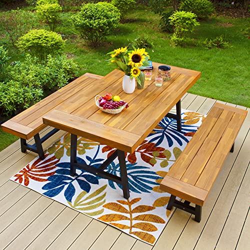 Phi Villa Outdoor Acacia Wood Table, 68" Patio Picnic Table Farmhouse Dining Table For 6 People Backless Oil Finished Teak Bench Supports 550Lbs, Classic Brown And Black #TOP1