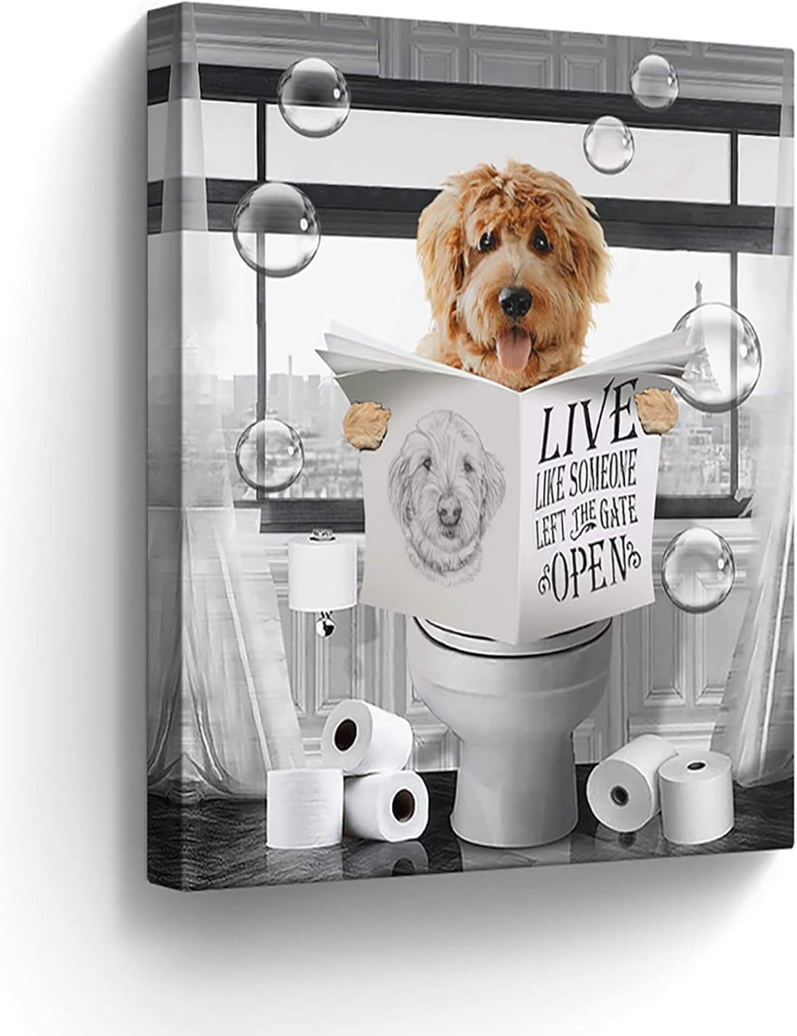 Funny Dog Sitting in Toilet Bathroom Decor Wall Art Black