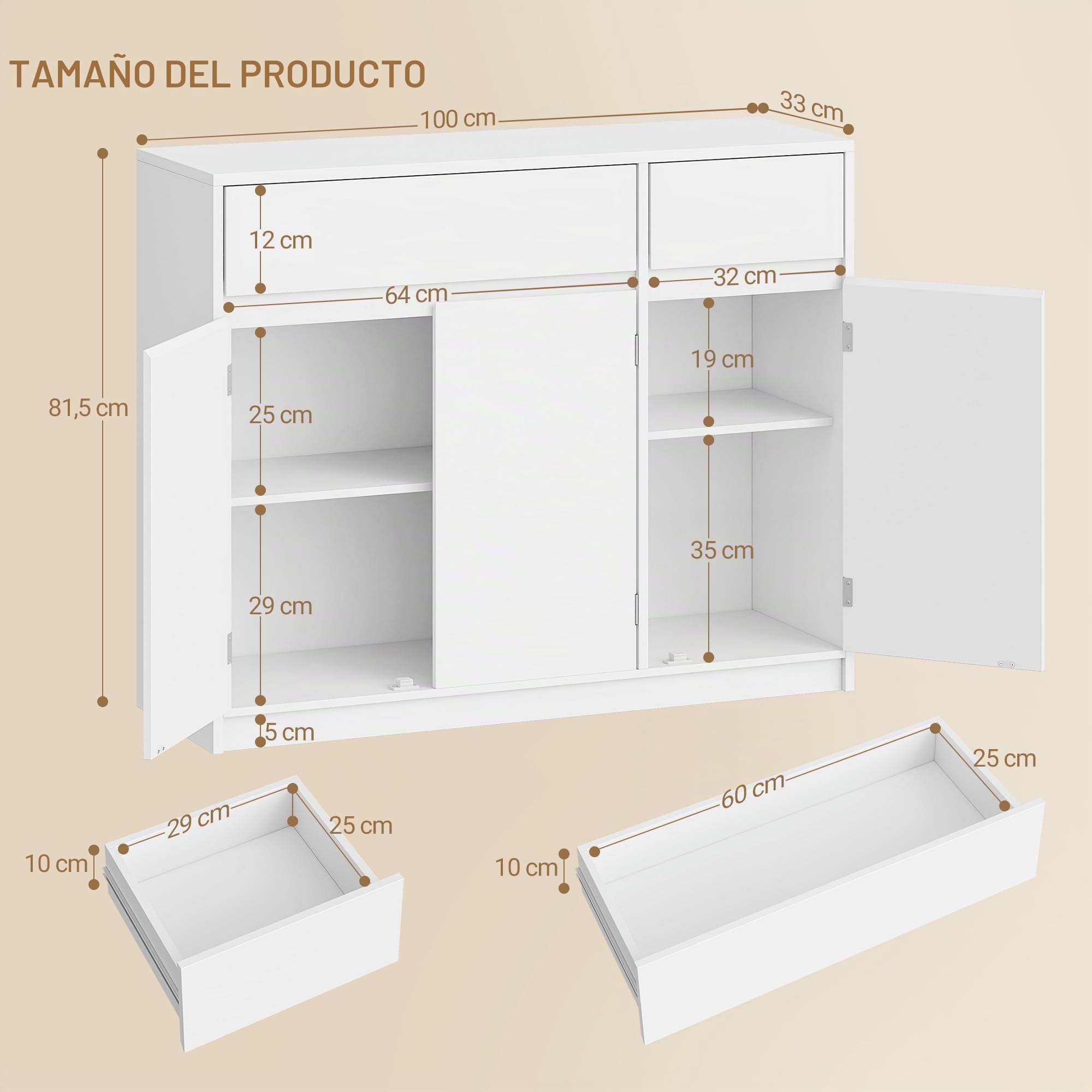 Hzuaneri Aparador, Armario de Almacenamiento, Aparador Cocina con con 2 Cajones y 3 Puertas, Estantes Ajustables, Estilo Moderno, 33 x 100 x 81,5 cm, para Cocina, Salón, Blanco SC32003X