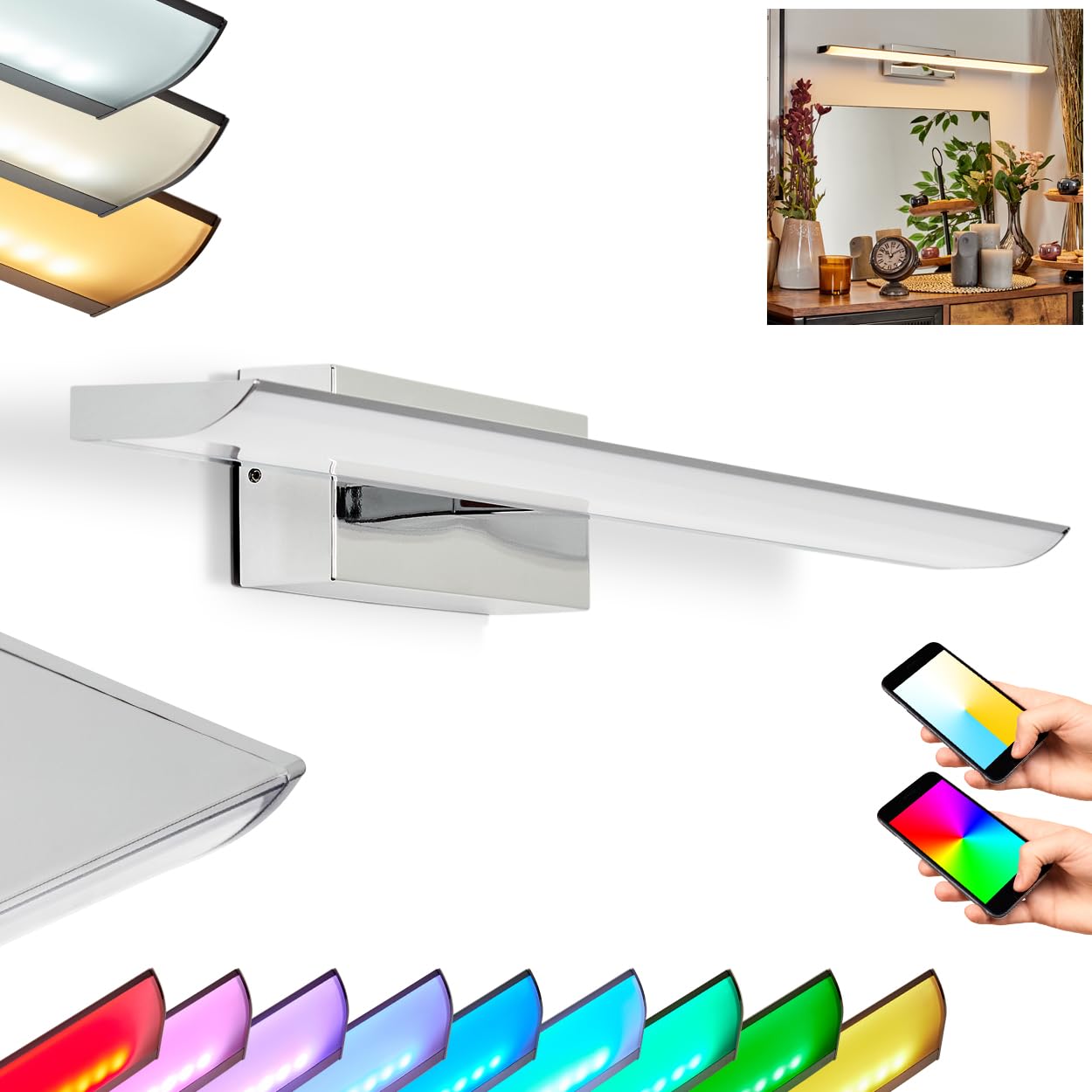 HOFSTEIN LED Spiegelleuchte Banek, Wandlampe aus Metall/Kunststoff in Chrom/Weiß, Spiegellampe mit RGBmFarbwechsel, Smart-Home/App, CCT einstellbar, Wandleuchte auch für Badezimmer geeignet, IP44