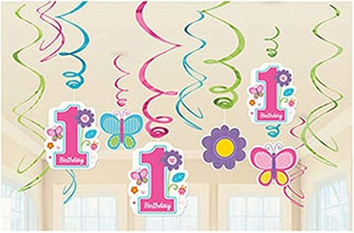 Decoraciones Amscan para primer cumpleaños de niña, paquete valioso de decoraciones de remolino, mediano, color rosa, azul, morado, verde
