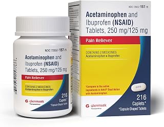 Glenmark Dual Action Acetaminophen 250mg & Ibuprofen 125mg Caplets: 8-Hour Relief for Headaches, Backache, Toothache, Cramps, Arthritis Pain - 216ct