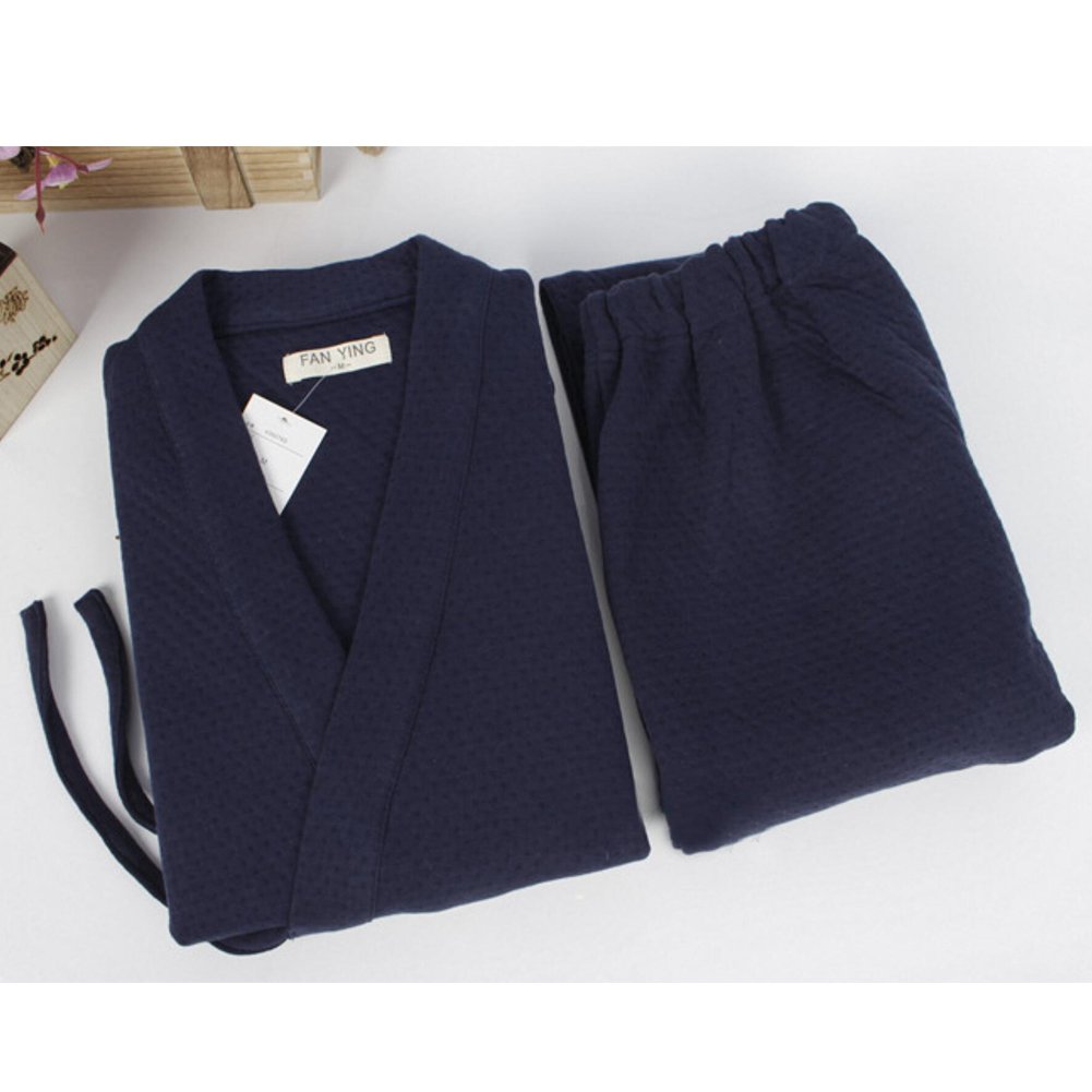 Trajes de Estilo japonés para Hombres, más Gruesos, Sueltos, Traje de Pijama Kimono de Invierno cálido [Azul Marino/Talla L]