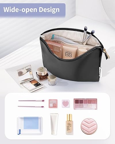 Miniatura 2 de Narwey Bolsa grande de cuero vegano para maquillaje de viaje, mini bolsa de cosméticos con cremallera para mujeres y niñas, A-Negro