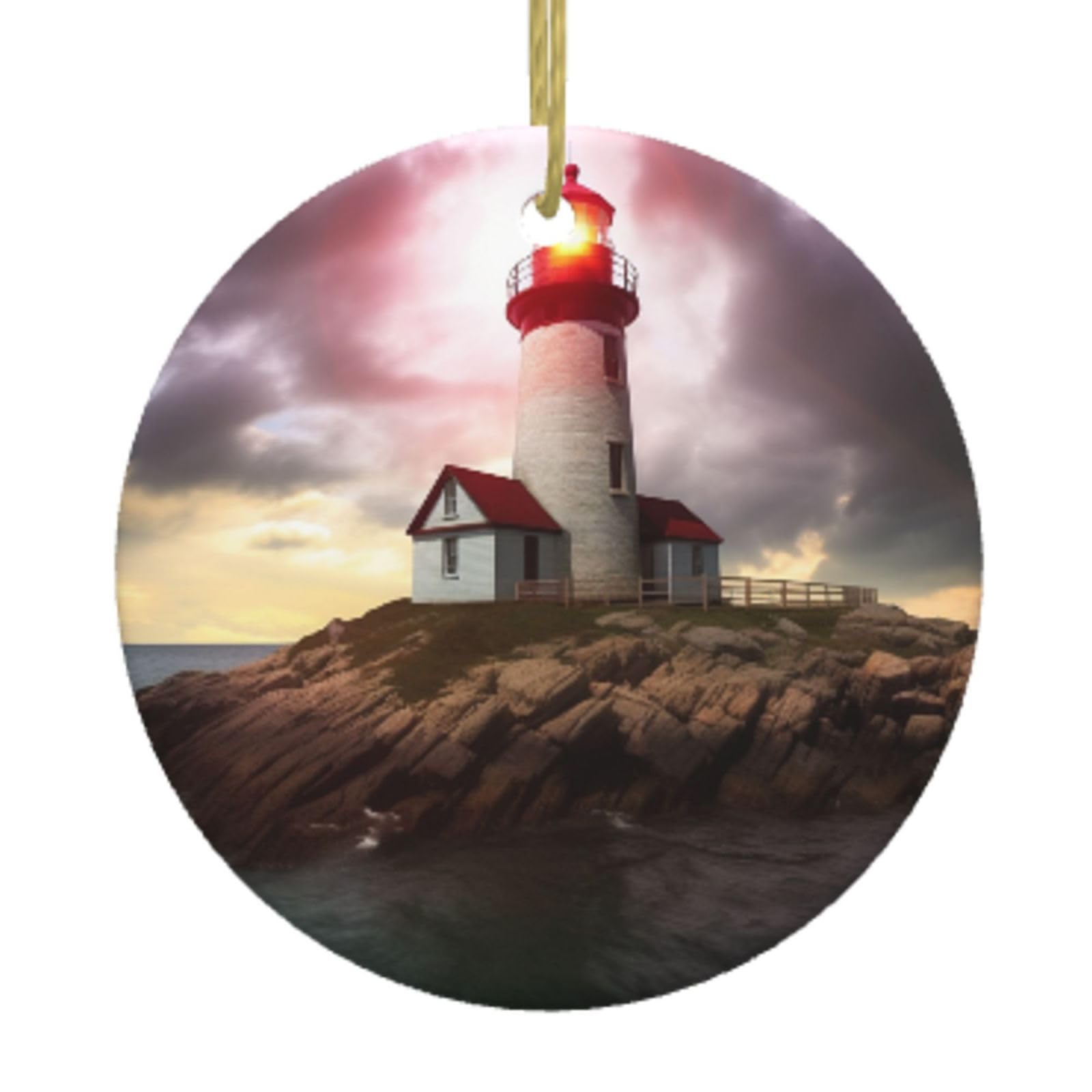 Ceramic Christmas Tree Hanging Ornaments with Gold Ropes Christmas Tree Decorations Round Ceramic Lighthouse Pendant Keepsake Decorations for Holiday Xmas Gift Ideas