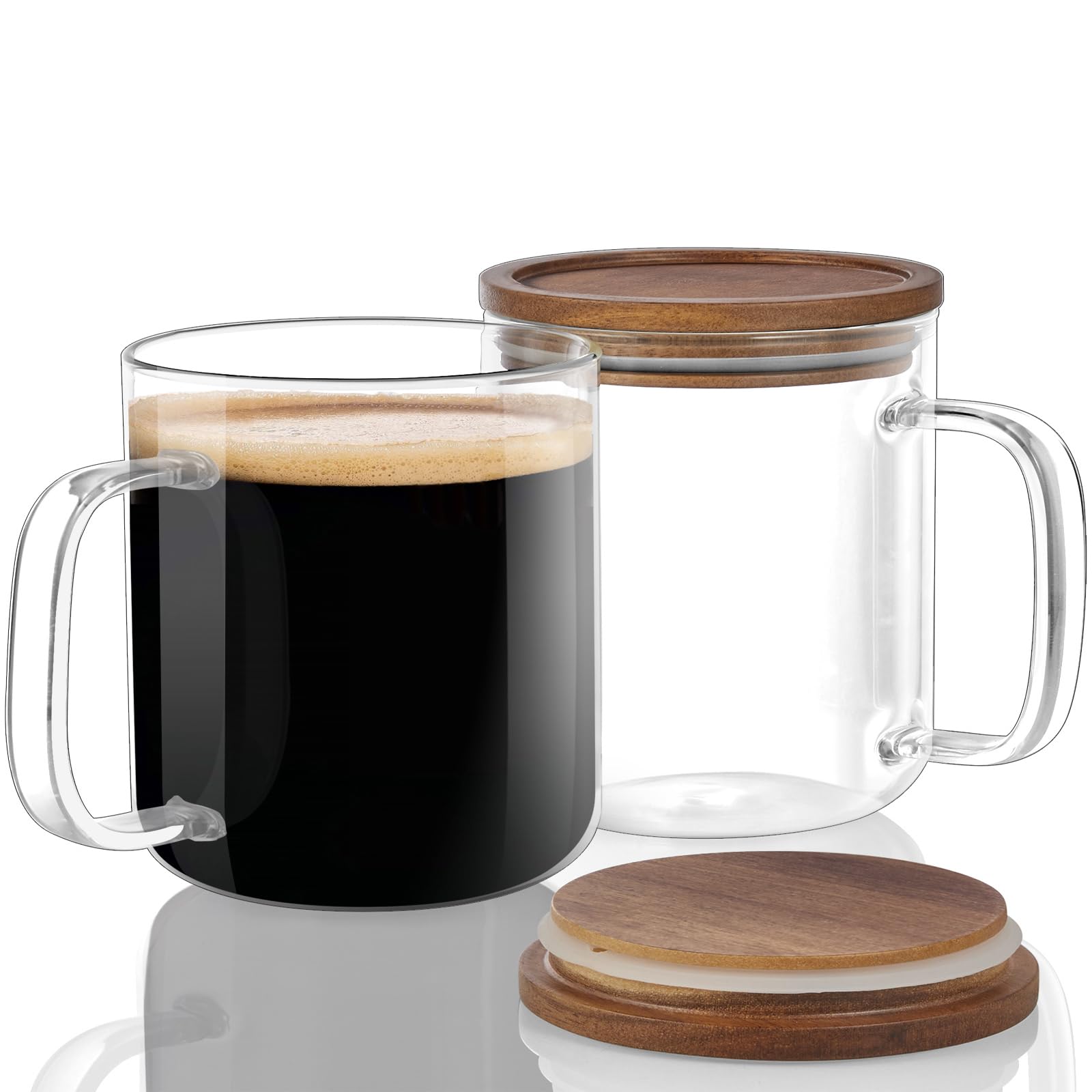 DRASTAR Glass Coffee Cups, 16 oz Coffee Mugs, Flat Bottomed Cups with Acacia Wood Lid, Glass Tea Cup with Handle, Clear Tea Cup Set of 2