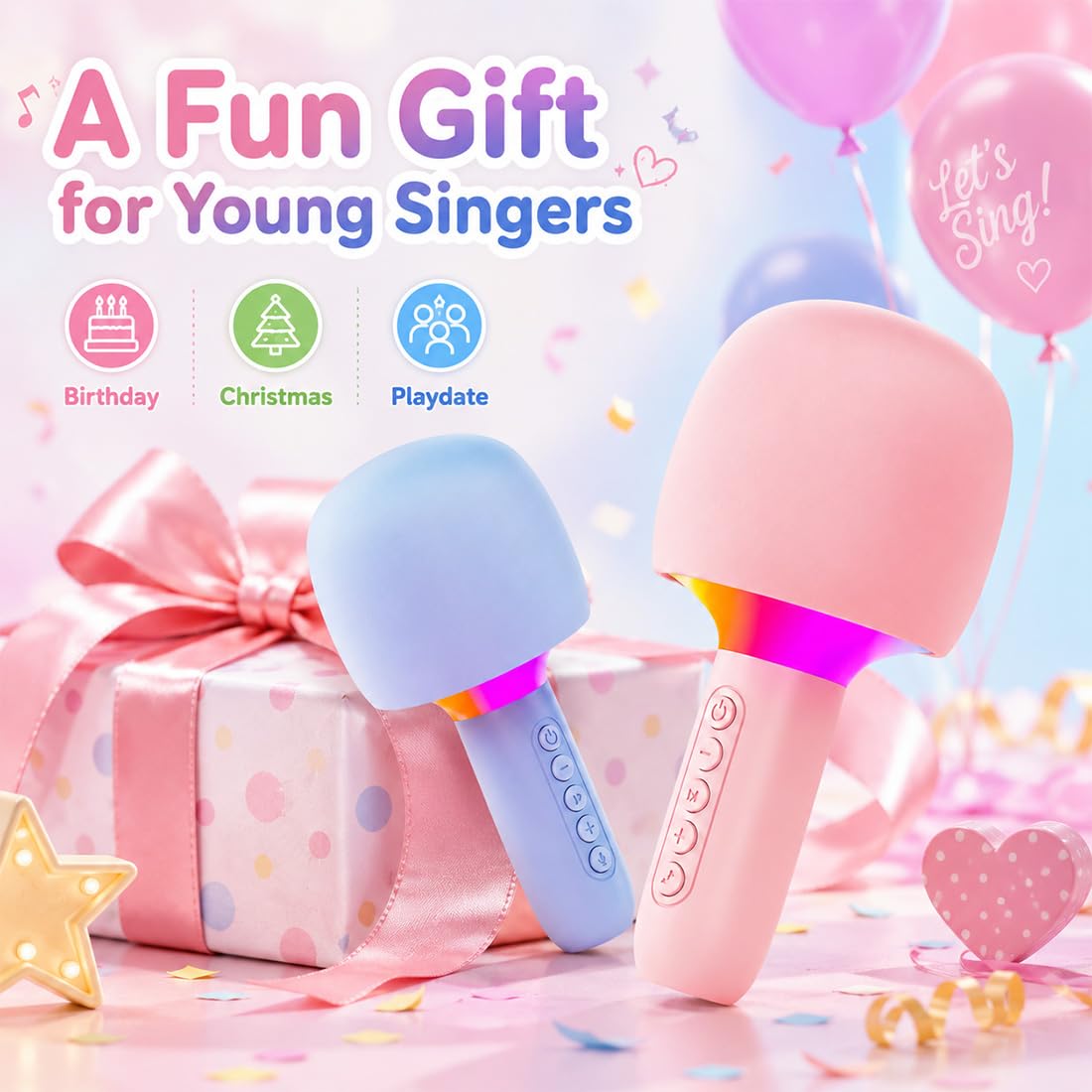 Microfono Karaoke Wireless Tutto in Uno con Altoparlante, Microfono Bluetooth Portatile con Cambia Voce, Luci RGB, Mini Macchina Karaoke, Regalo di Compleanno (2PC-BLUE)