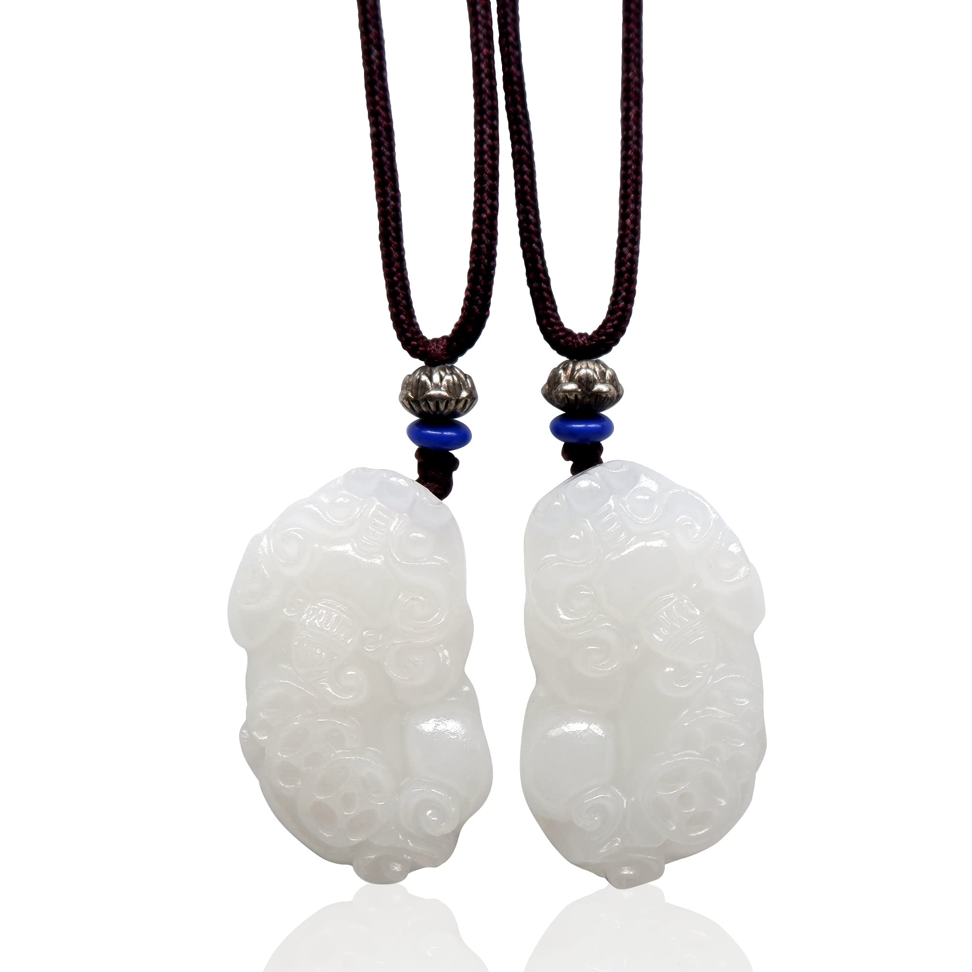 ReadJadeNatural White Jade Pixiu Couple Pendant Handmade Jewelry Pair of Amulet Necklace