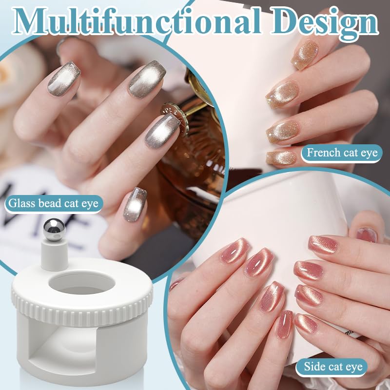 Rotating Cat Eye Magnet for Nail Polish, 360°Automatic Cat Eye Magnet Tool with Strong Magnet for Cat Eye Gel, Glass Bead Nail Magnet, Magnetic Nail Tool for DIY Nail Art & Salon Use (White)
