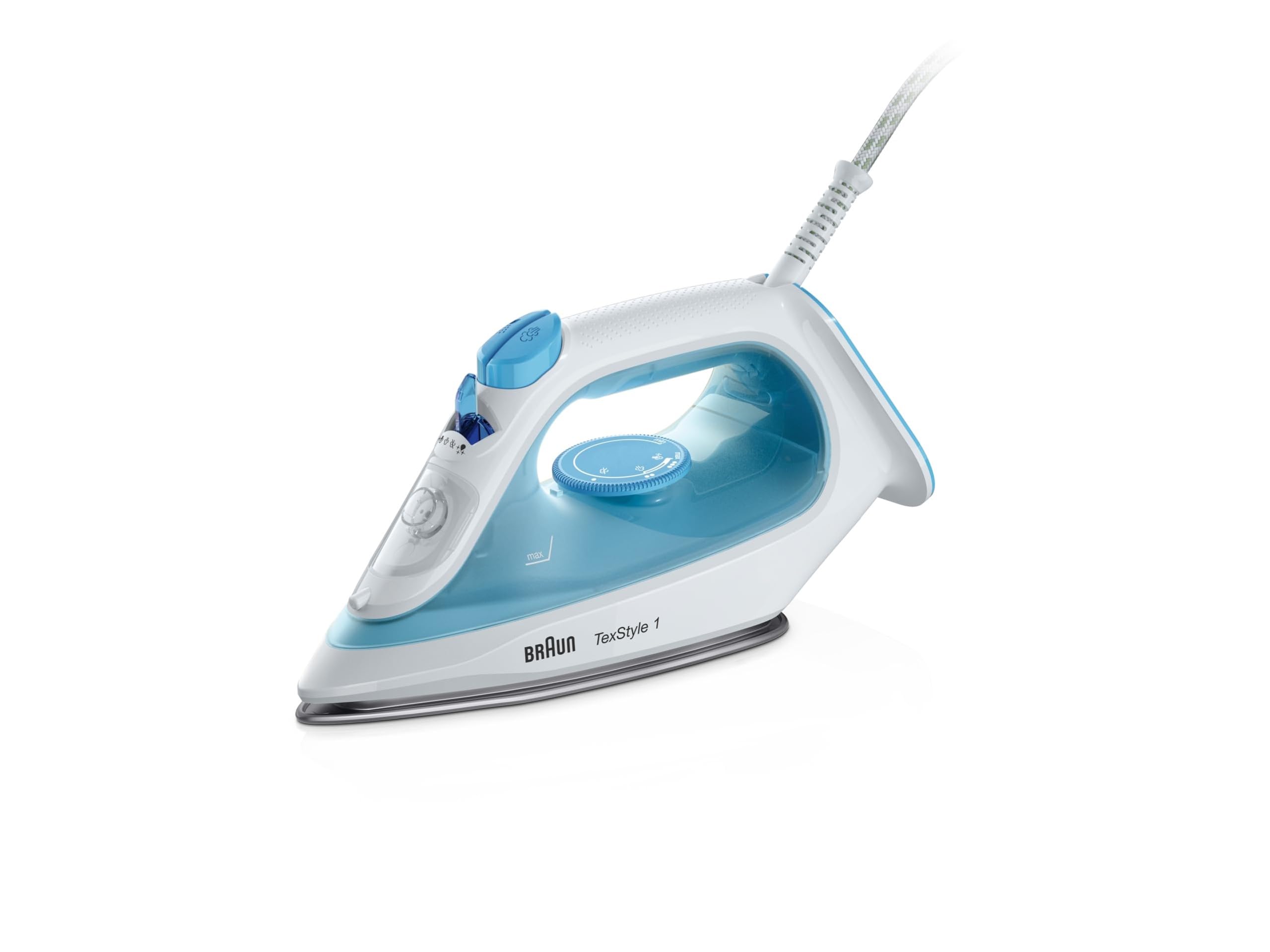 Braun TexStyle 1 SI1029BL, Ferro da Stiro Antiaderente, 120g/min Colpo Vapore, Sistema Decalc & Funzione Spray, Riscaldamento Rapido (35s), Adatto Acqua Rubinetto, EcoMode, Serbatoio 220ml, 1900W, Blu