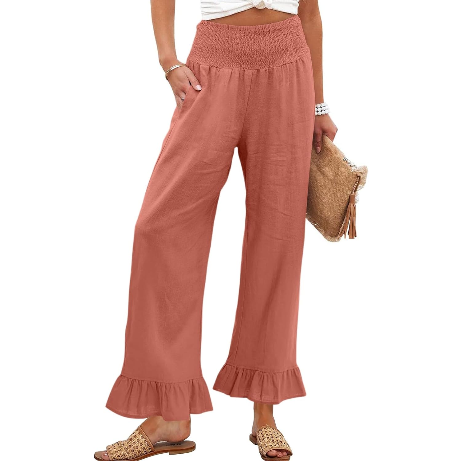 Cropped Linen Pants Women Wide Leg Casual Baggy Ruffle Hem Palazzo Pants Smocked Elastic Waist Beach Lounge Trousers