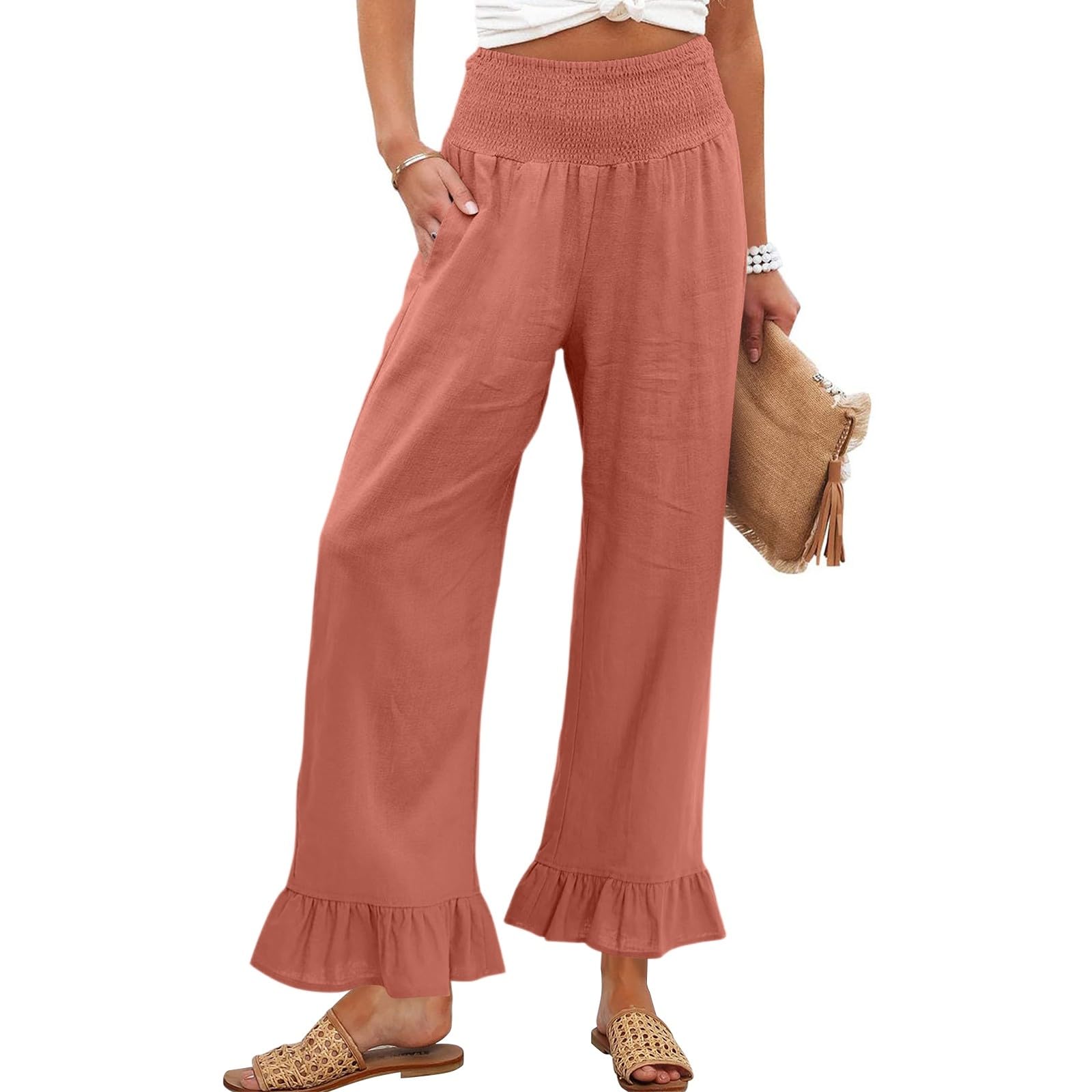 Cropped Linen Pants Women Wide Leg Casual Baggy Ruffle Hem Palazzo Pants Smocked Elastic Waist Beach Lounge Trousers