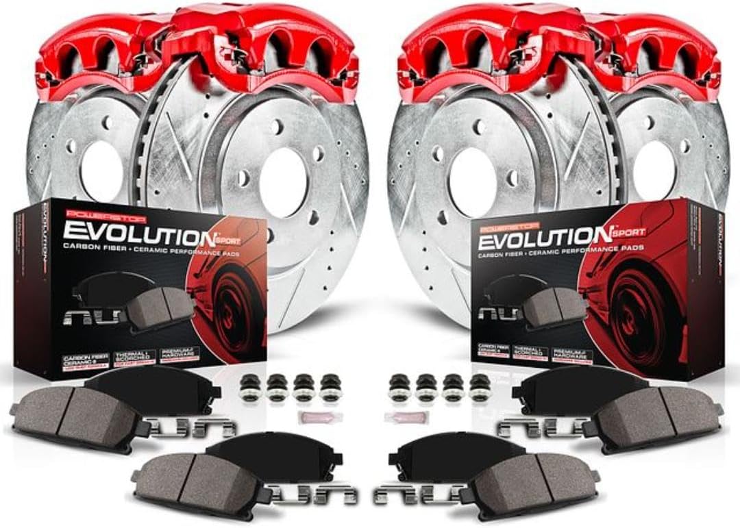 Z23 Performance Brake Pad Rotor Caliper Kit Front & Rear KC706 | Honda Prelude 1997-01 Carbon Fiber Ceramic Brake Pads + Drilled & Slotted Rotors + Red Powder Coated Calipers