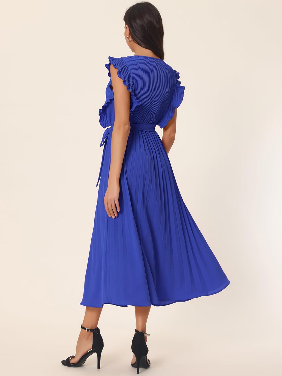 Seta T Women's Pleated Dress Summer Casual Ruffle Flutter Sleeve Crewneck Tie Waist Flowy Midi Dresses - Image 4