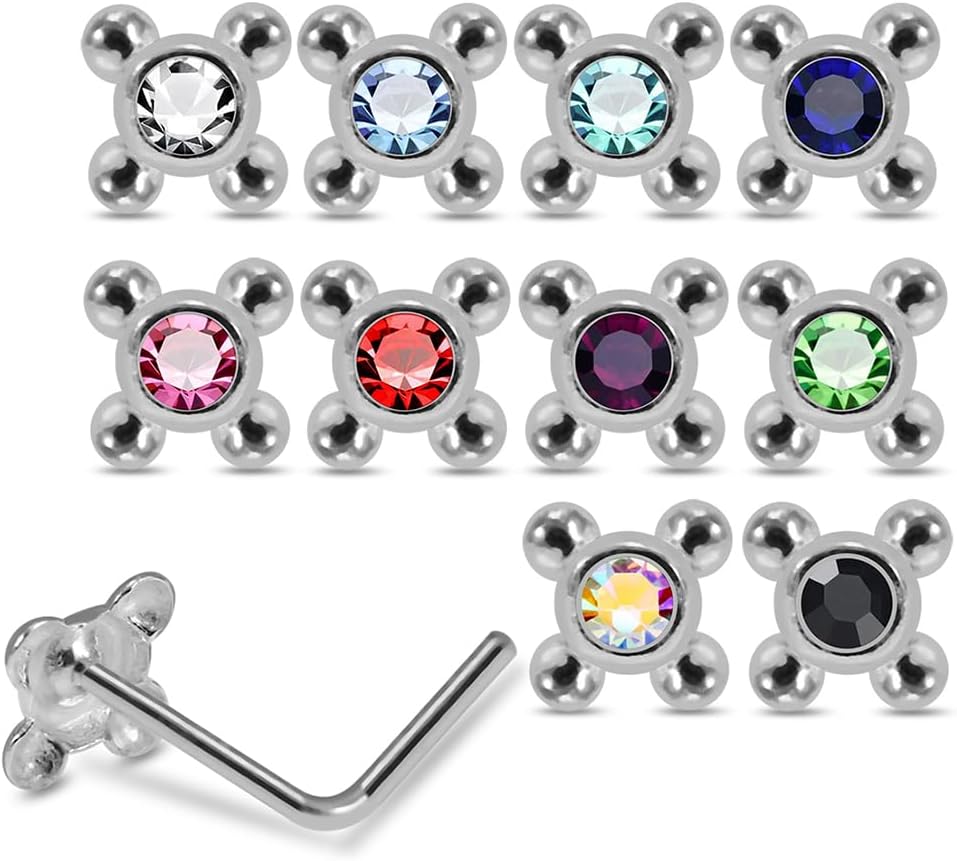 20 Pieces Box Set Four Dots Ball with Crystal Stone Design 22 Gauge 925 Sterling Silver Nose Pin - Nose Stud - Tiny Nose Ring - Nose Piercing Body Jewelry