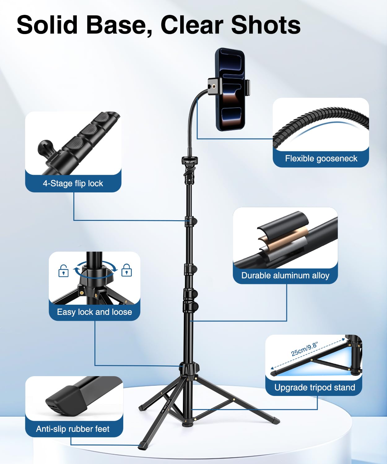 JOILCAN 200cm Statyw do Telefonu z Elastycznym Szwankiem 25cm i Pilotem, Aluminiowy Rozsuwany Lekki Statyw do Smartfona do iPhone 17/16/15/Pro Max, Przenośny Statyw do Aparatu Sony DSLR i Actioncams
