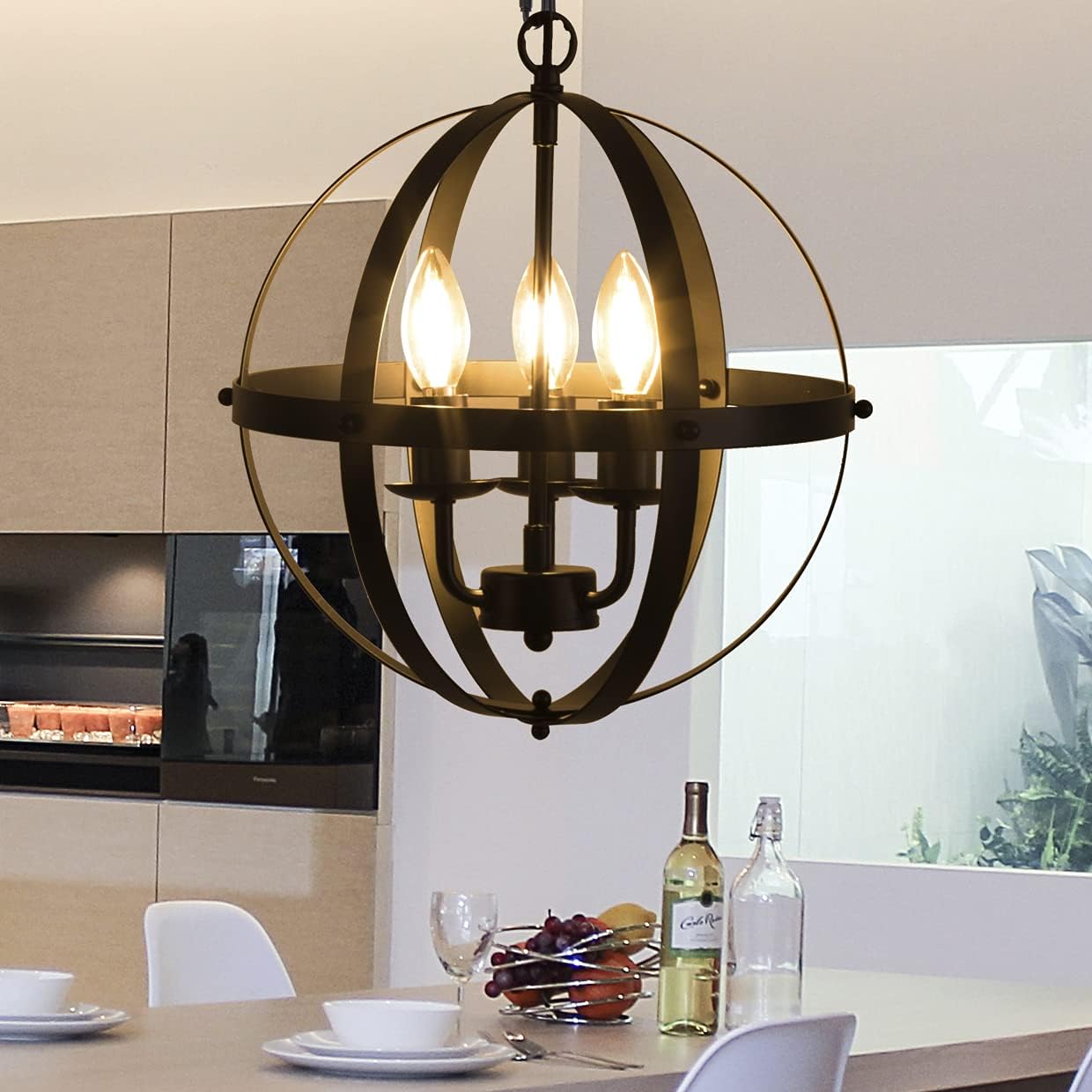 DuMaiWay Vintage Pendant Hanging Light, Farmhouse Rustic Pendant Light 3 Light Adjustable Hanging Industrial Spherical Metal Shade for Dining Room, Kitchen, Living Room, E12 Base Black