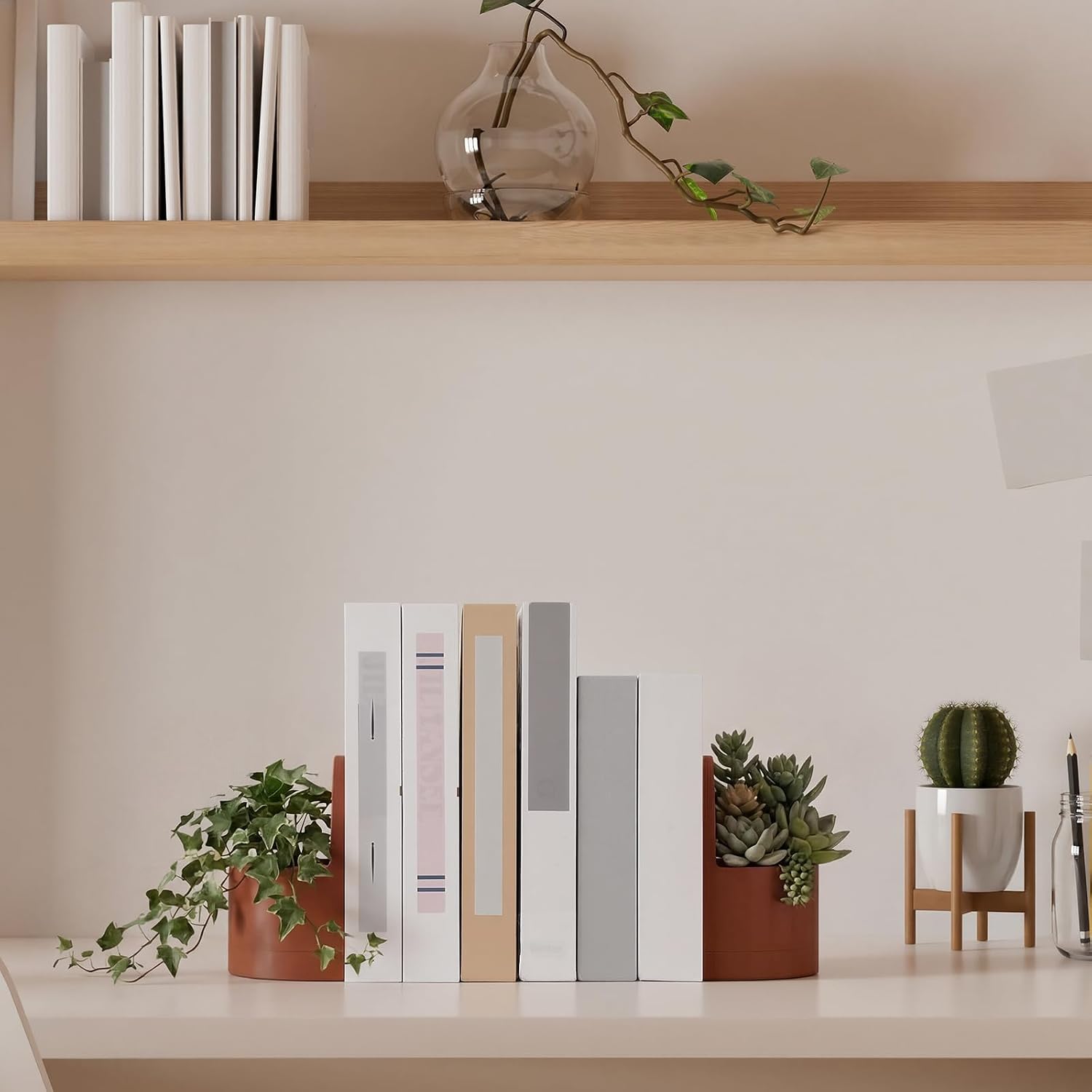 SiliFine Plant Pot Bookends with Hidden Water Tray 3D Printed Planter Bookend for Decorative Bookend Plants Pot Holder Shelf Accessory or Plant Lovers Readers Gift, Plants Not Included(Red Clay Color)