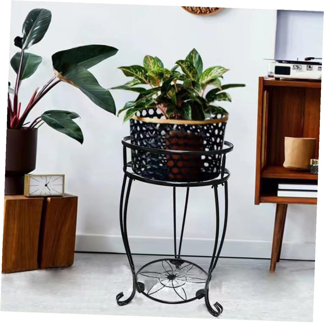 Veemoon Metal Plant Stand Double-layer Planter Stand Outdoor Flower Pot Rack for Patio and Balcony, Heavy-duty Detachable Black Iron Frame, Corner Plant Holder for Garden Decoration
