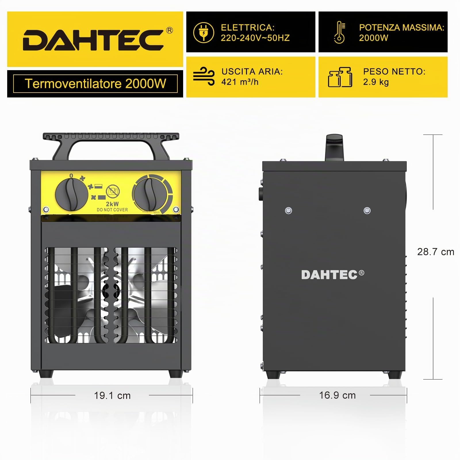 Termoventilatore 2000 W - Radiatore Elettrico Avanzato - Basso Consumo - Termostato e Protezione da Surriscaldamento - per Casa, Bagno o Il Cantiere