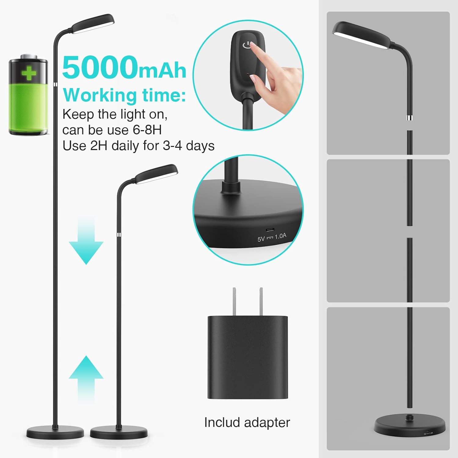 Cordless Floor Lamp, Rechargeable Battery Portable Floor Lamp for Living Room, Battery Operated Lamp, Touch Control for Reading Camping, 3 Color Temperatures Emergency Lighting(Black)