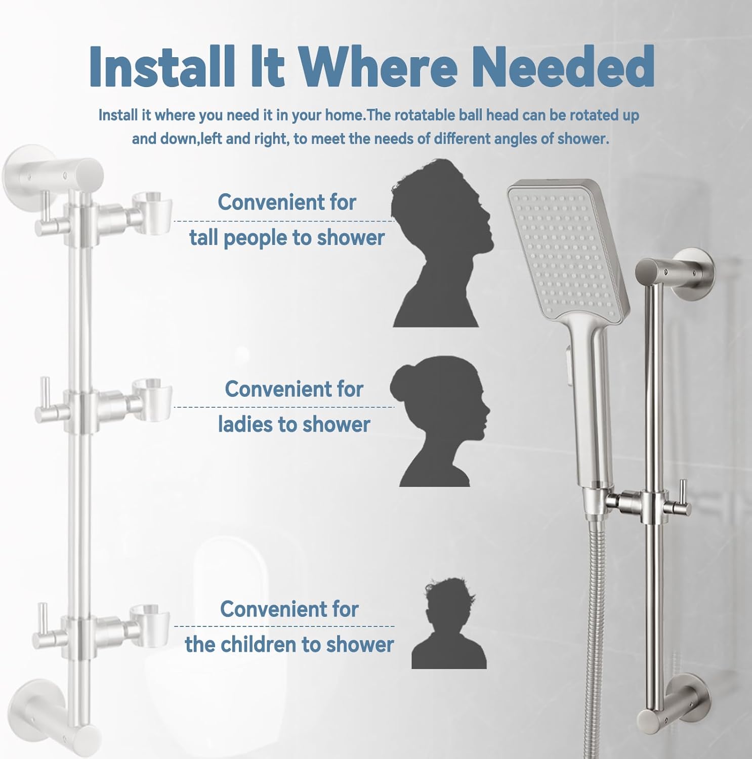 Shower Slide Bar Adjustable Handheld Shower Head Holder Wall Mount - 15inch All-Metal Shower Head Slide Bar Compatible with Bathroom Drill Free Glue Installation - Brushed 15inch Brushed-Nickel