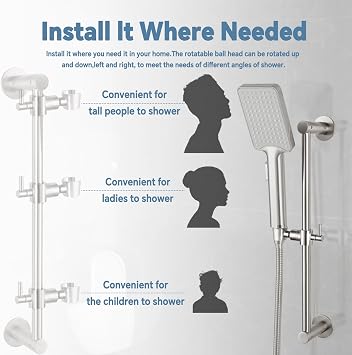 Shower Slide Bar Adjustable Handheld Shower Head Holder Wall Mount - 15inch All-Metal Shower Head Slide Bar Compatible with Bathroom Drill Free Glue Installation - Brushed