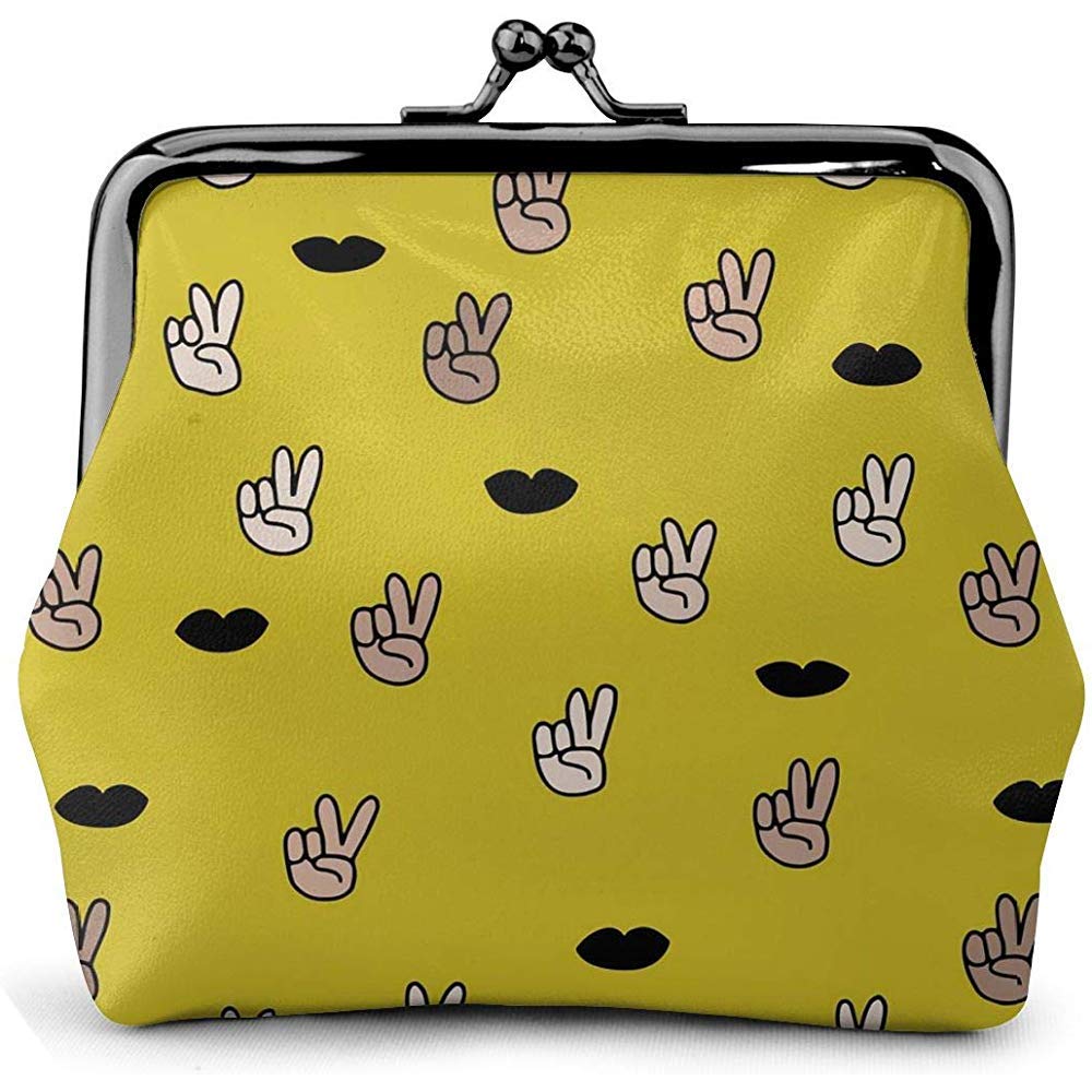 Yellow Cute Victory Sign V Lips Vintage Pouch Girl Kiss-Lock Change Purse Wallets Buckle Leather Coin Purses