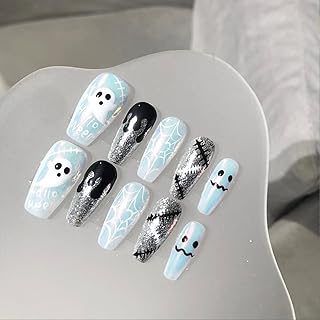 Cute Halloween Press on Nails Medium Coffin Nails Tips Goth Ghost Fake Nails Blue Glitter Acrylic Nail Gothic Spider Web False Nail with Designs Horror Scar Glue on Nail for Women Manicure Decor 30Pcs