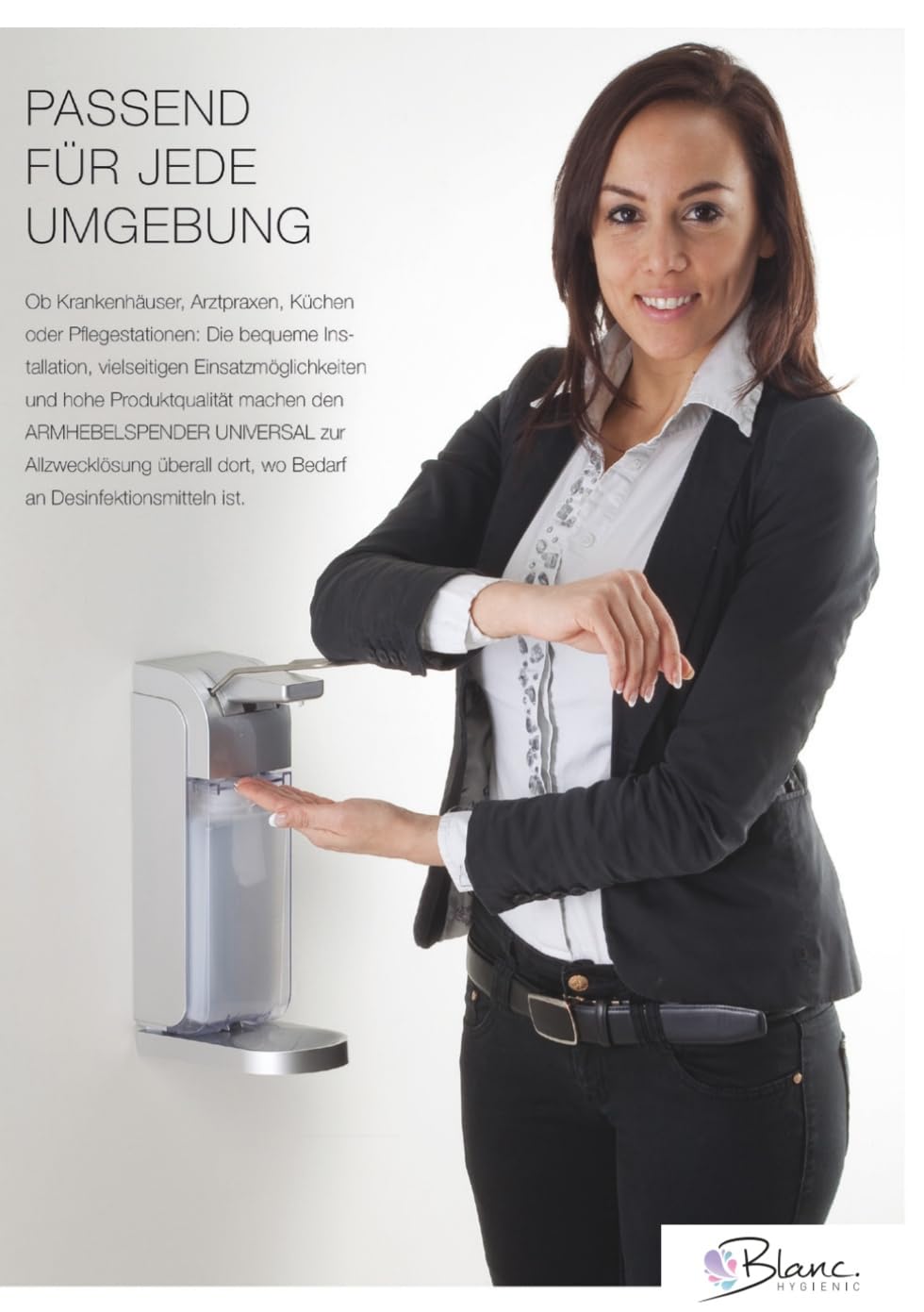 Universal Armhebelspender Desinfektion 1 Liter Weiß | Dosierung 0,6–2,0 ml, 1-Liter-Flasche inkl., Tropfschale & Made in Germany