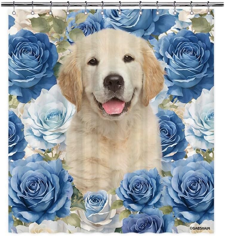 Goldendoodle Blue Rose Floral Shower Curtain Funny Dog Puppy Flowers Bath Curtain Bathroom Home Decor with 12 Hooks 72x80 Inch