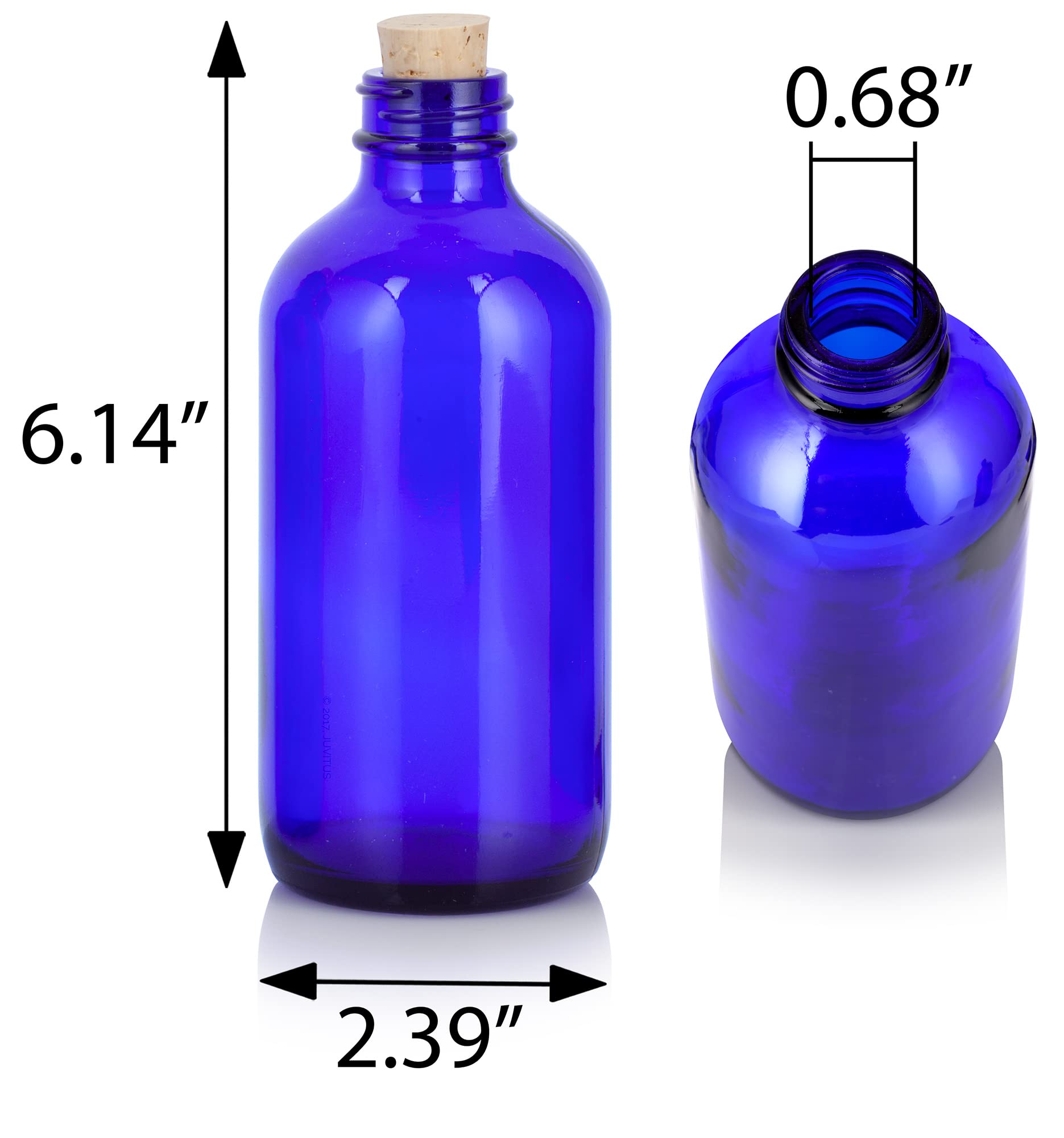 JUVITUS 8 oz Cobalt Blue Glass Boston Round Bottle with Cork Stopper Closure (2 Pack)