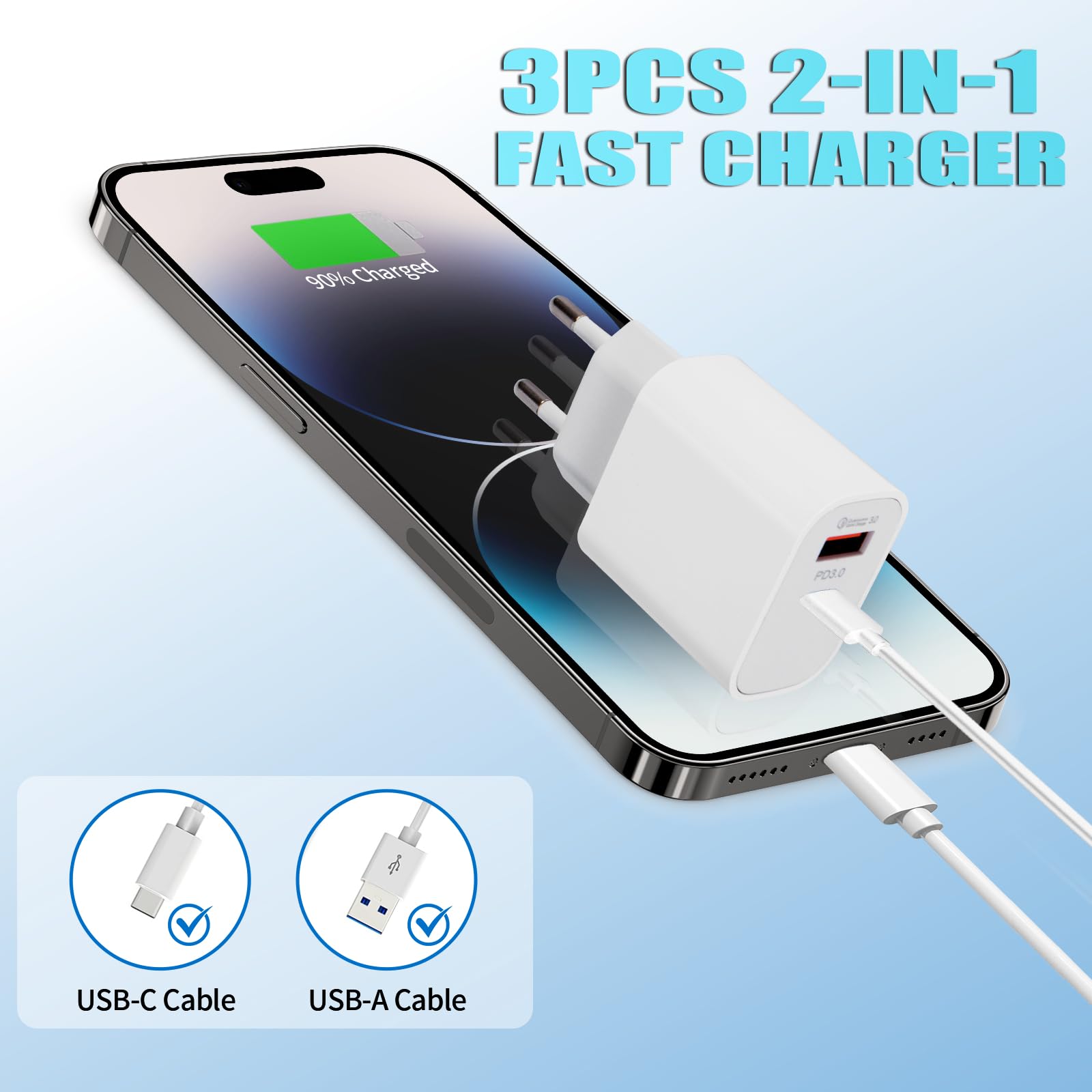 3 Pezzi Caricatore USB C, 20W Presa per iPhone iPad Samsung Xiaomi Oppo, USBC Caricabatterie Rapido Alimentatore Presa Carica (Bianco Latteo)