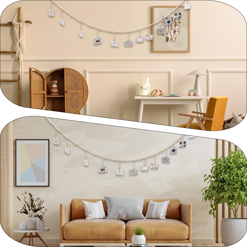 Guirlande Perles Bois Avec 12 Pinces - Décoration Murale Pour Photos, Cartes - Style Bohème - Longueur 86.6 Cm