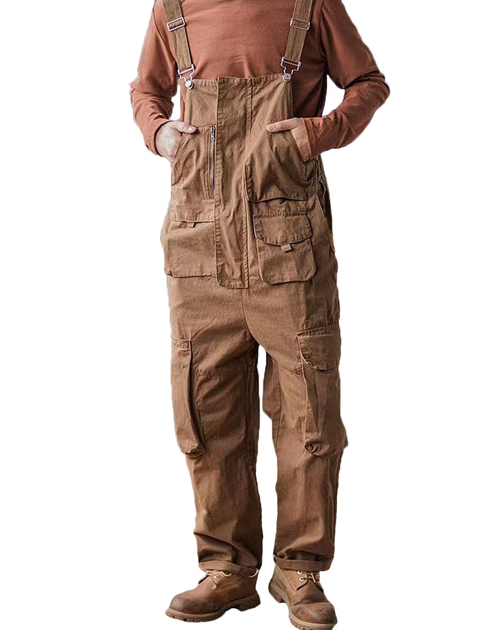 RexcyrilMen's Work Bib Overalls Loose Fit Workwear Dungarees Sloppy Coveralls with Adjustable Straps and Big Pockets, Brown, 36