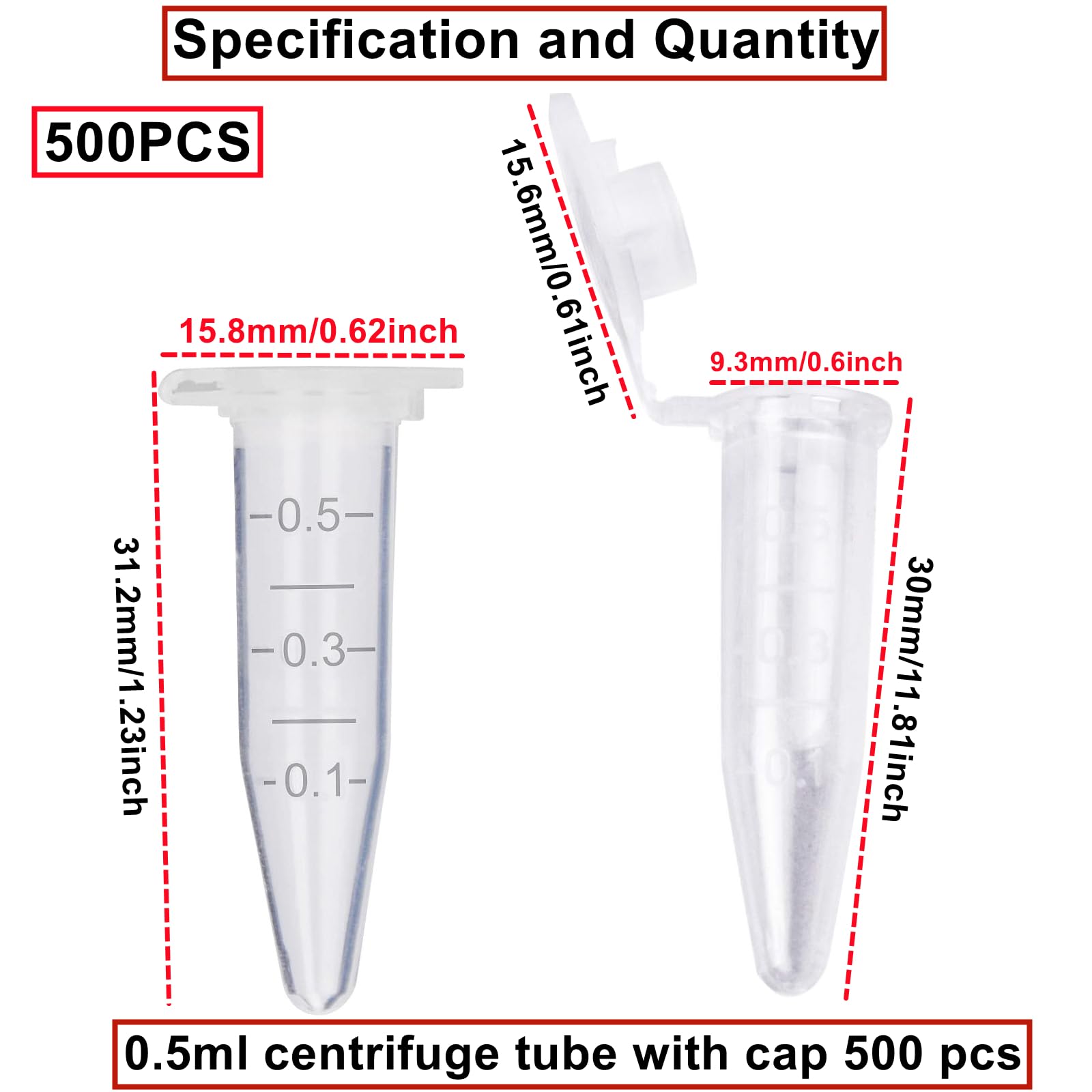 HUAZIZ 500 Pièces 0.5ml Tube à Centrifuger en Plastique Conique, Micro Centrifugeuse Tubes Tubes de Laboratoire Conteneurs D'échantillons avec Snap Cap pour l'analyse d'échantillons en Laboratoire