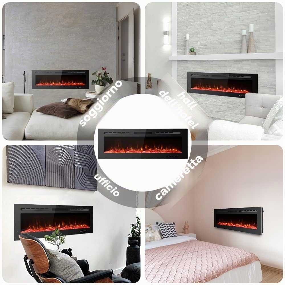 M.C.Haus Camino Elettrico Ultra sottile, Silenzioso, 12 Diverse Fiamme, Montaggio a Parete a Incasso, Touchscreen in Vetro e Telecomando, con Cristallo e Tronco di Legno(127cm/50inch, Nero)