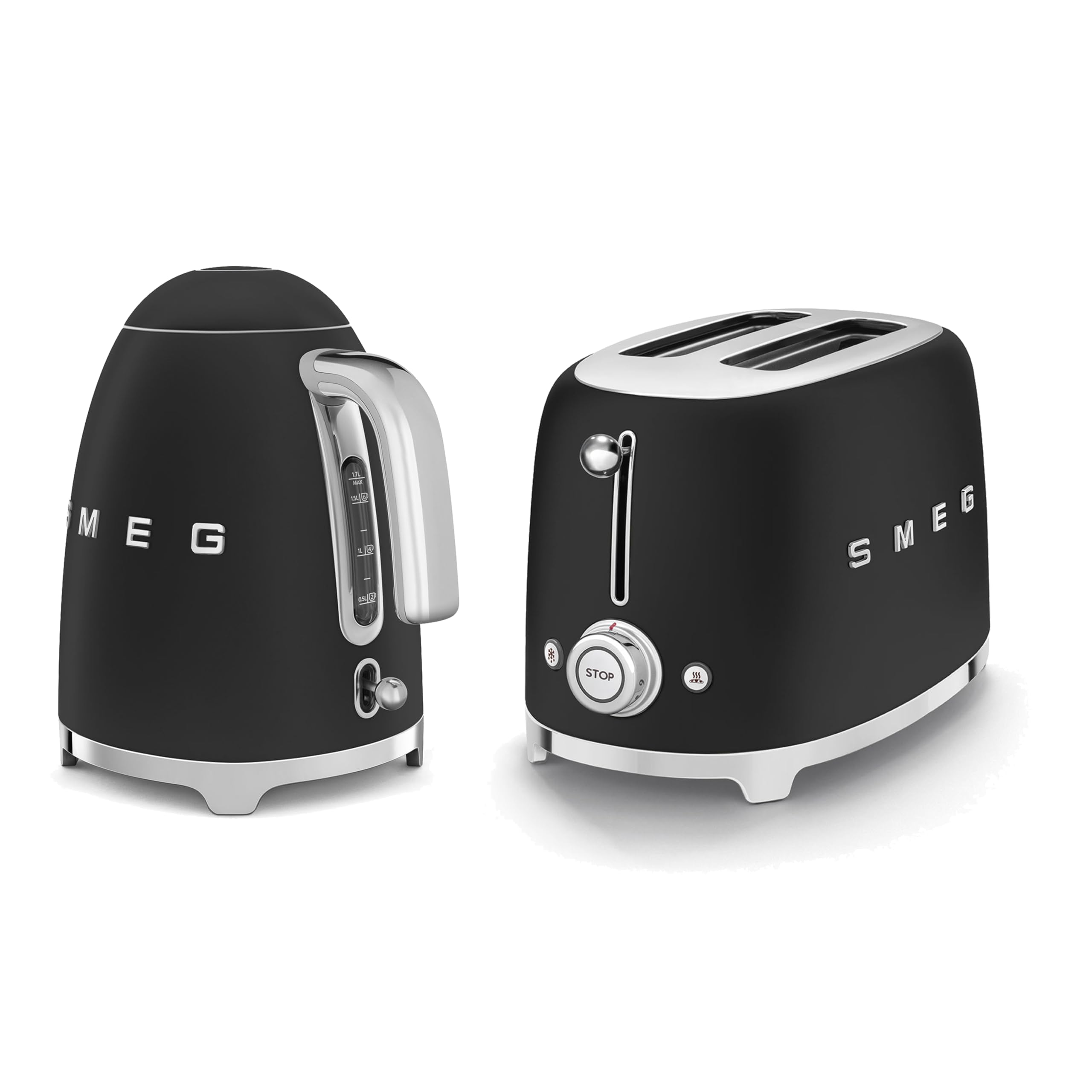Smeg50’s Style Retro Range Breakfast Set, 1.7L 3000W Kettle and Multi-Functional Control 2-Slice 950W Toaster, Matte Black, KLF03BLMUK/ TSF01BLMUK