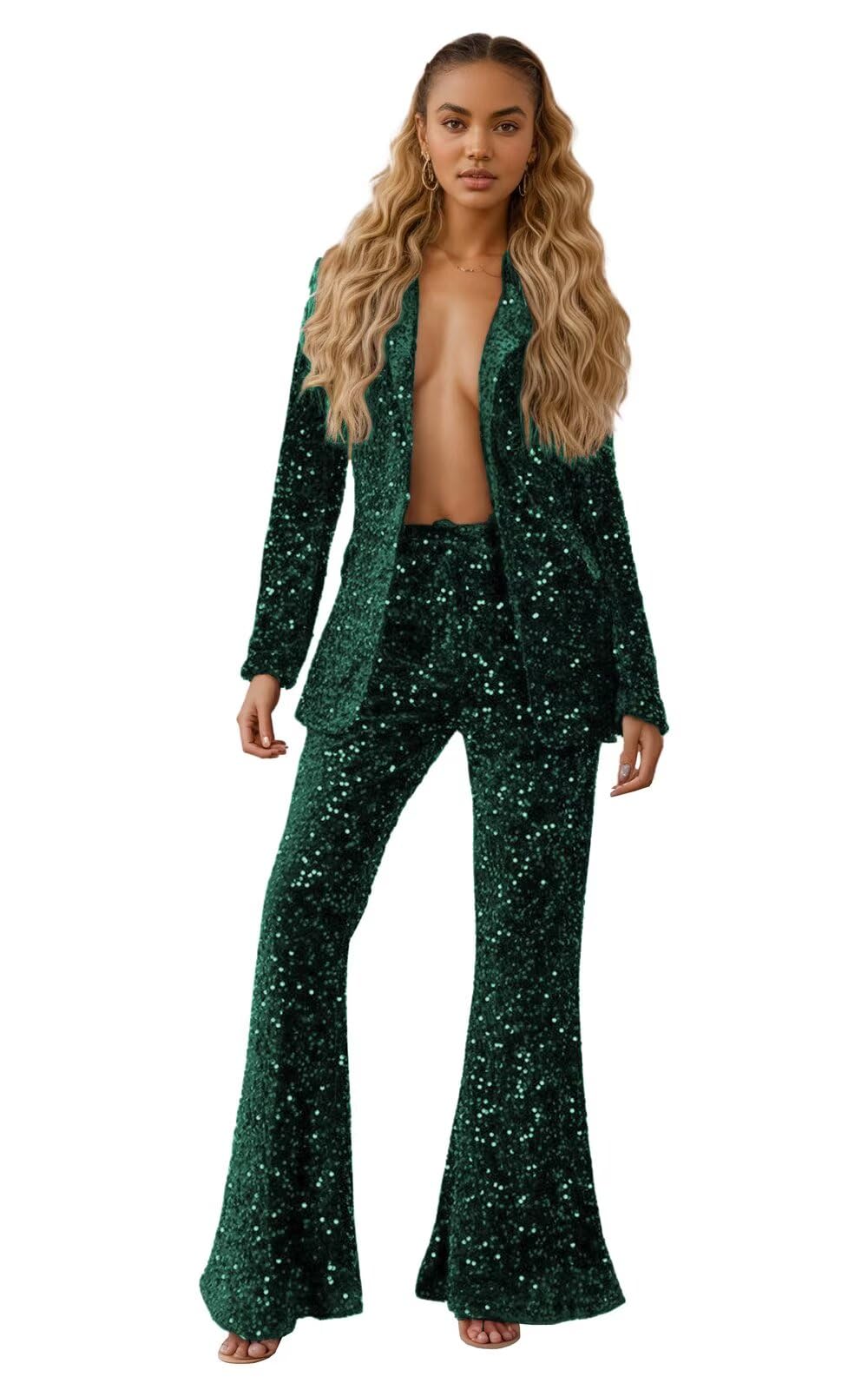 Sequin Pants Suit Women Sparkly Shiny Night Tuxedos for Women Glitter 2 Piece Outfits V Neck Party Womens