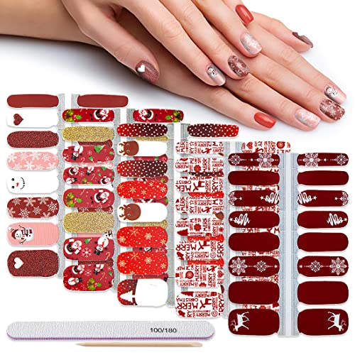 Christmas Nail Polish Strips, DANNEASY 5 Sheets Nail Stickers Full Nail Wraps Adhesive Nail Art Stickers for Women Nail Decals with Nail File, Cuticle Stick (Red Series)