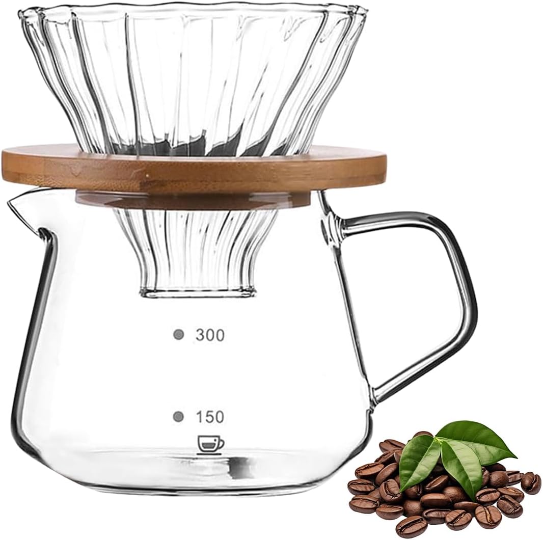 1PCS Hand Brewed Coffee Maker Filter, Borosilicate Glass Coffee Server with 1pcs Filter Cup & 1pcs Bamboo Holder for Brewing Coffee, Milk, Tea, Household Coffee (300ml / 10 OZ)