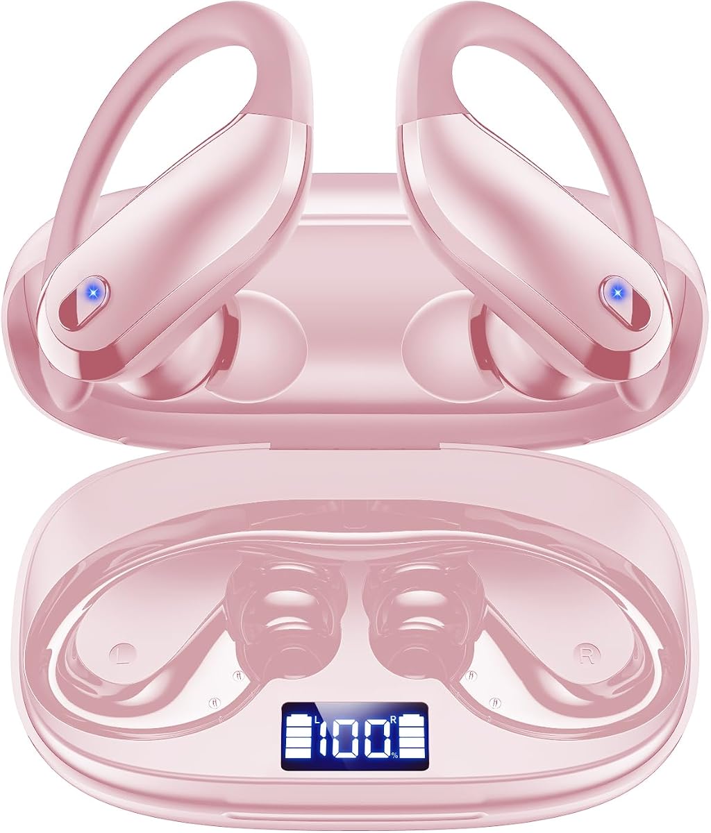 Auriculares inalámbricos Bluetooth 5.3 Auriculares deportivos con ganchos para las orejas, auriculares impermeables IPX7, auriculares de tiempo de reproducción 48H, ligeros 7,8 g, micrófono con cancelación de ruido auriculares Bluetooth para correr y entrenar (coral)
