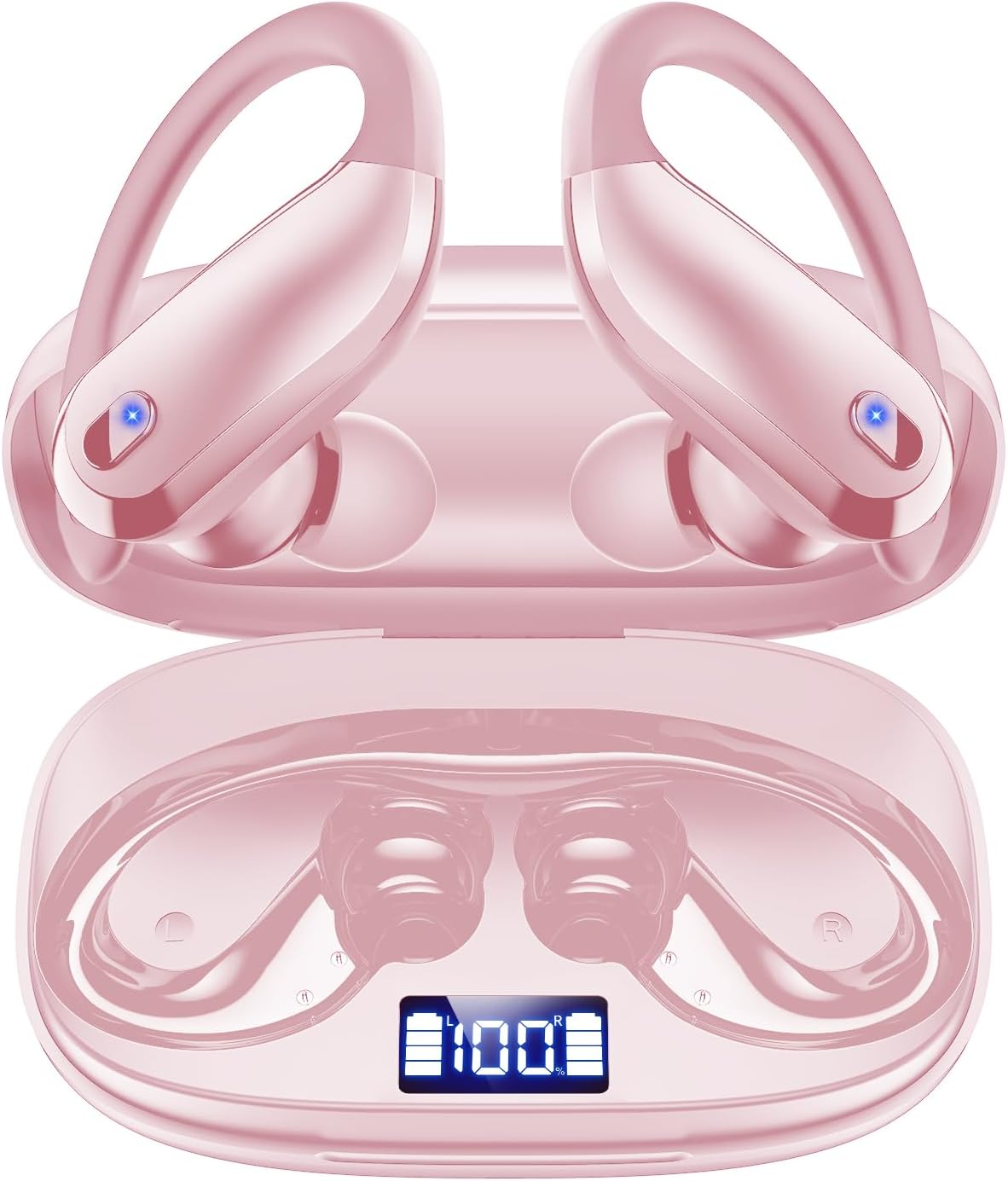 Bluetooth Earbuds with Ear Hooks, Wireless Sport Headphones with LED Display Charging Case, HiFi Stereo, Noise Cancelling, IPX7 Waterproof, in-Ear Workout Earphones with Mic-Coral