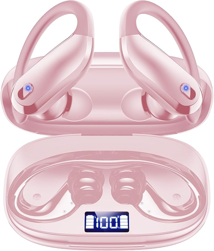 auriculares inalámbricos Bluetooth 5.3 Auriculares deportivos con ganchos para las orejas, auriculares impermeables IPX7, auriculares de tiempo de reproducción 48H, ligeros 7,8 g, micrófono con cancelación de ruido auriculares Bluetooth para correr y entrenar (coral)