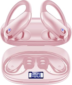 KTGEE Bluetooth Earbuds with Ear Hooks, Wireless Sport Headphones with LED Display Charging Case, HiFi Stereo, Noise Cancelling, IPX7 Waterproof, in-Ear Workout Earphones with Mic-Coral