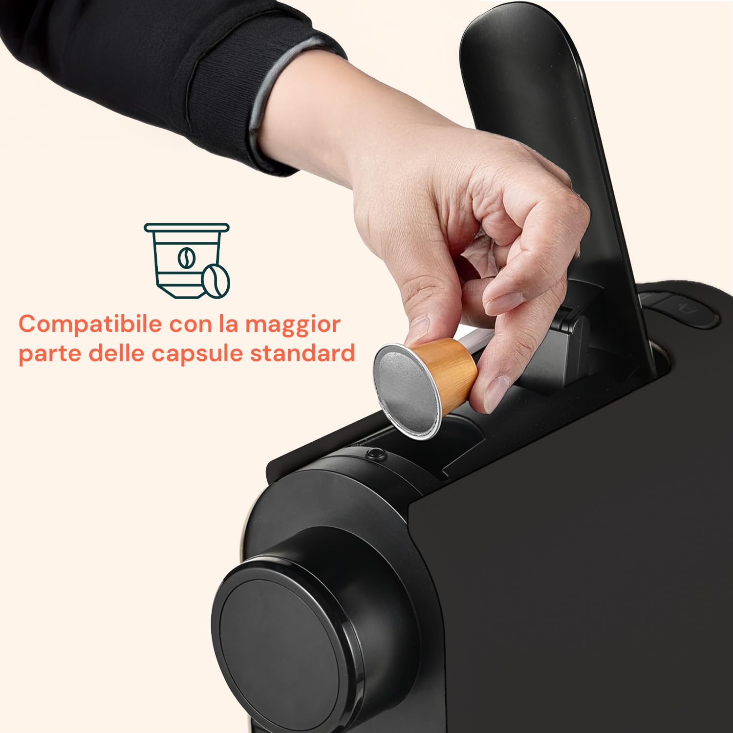 Avilia - Macchina Caffè da 1400W con Pressione 20 Bar Compatibile Capsule Standard, Serbatoio da 0,5L, Erogazione Programmabile e Spegnimento Automatico per Caffè Espresso Cremoso e Veloce Nera